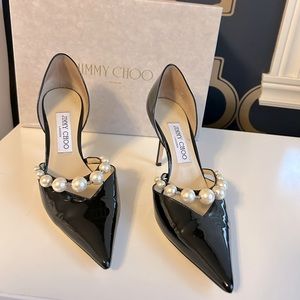 Jimmy Choo - Aurelie 85/38 1/2 - Black w/white faux pearls